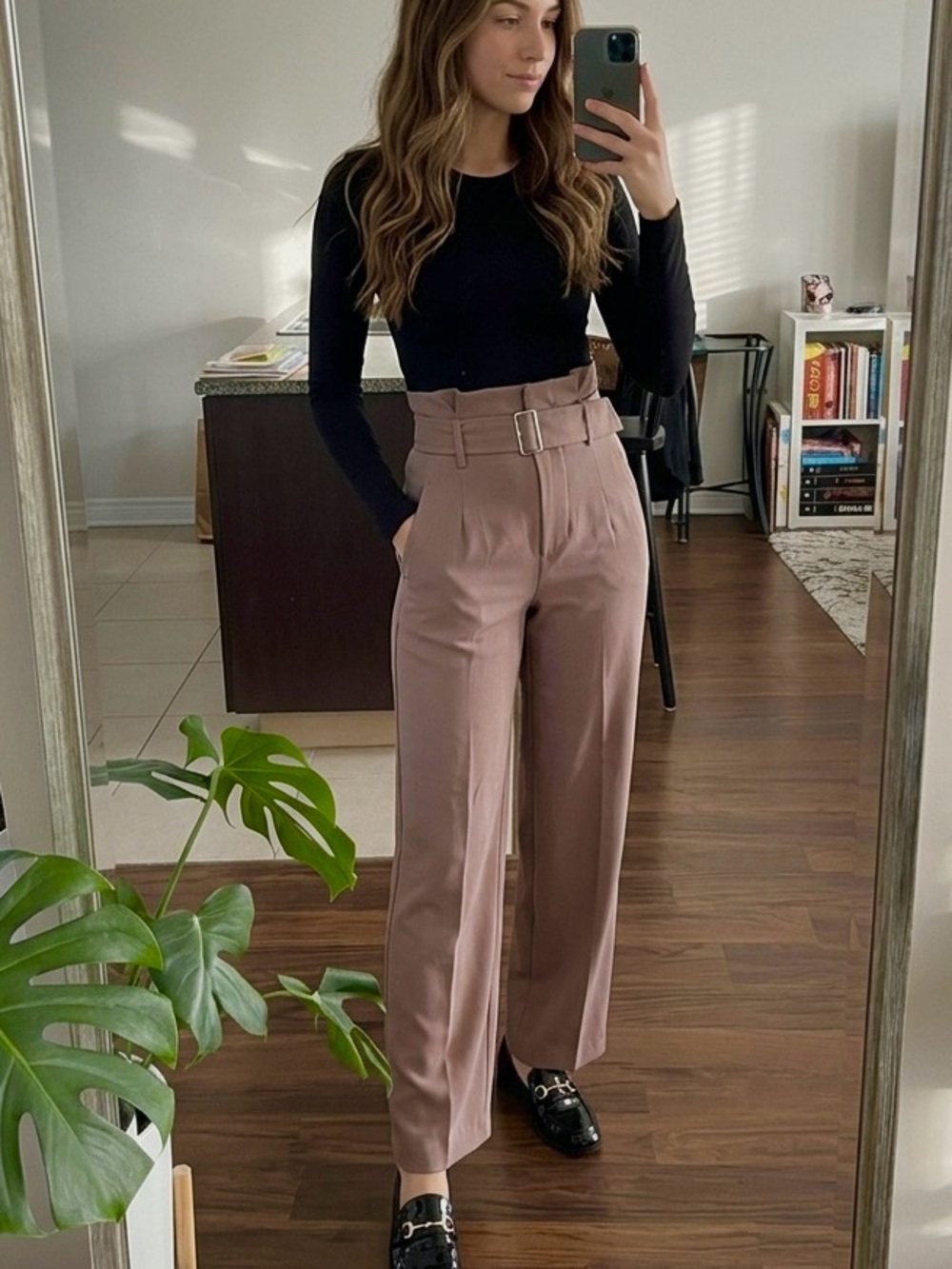 Aritzia Babaton Dusty Mauve High-Waist Belted Wide-Leg Trousers Chic Power Pant